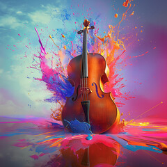 A vibrant image featuring a cello in the center with an explosion of colorful paint splashing around it, set against a vivid background