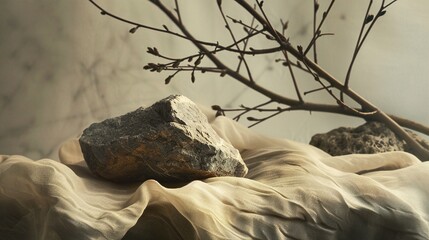 Obraz premium Elegant Composition: Rock on Fabric with Branch in Soft Daylight
