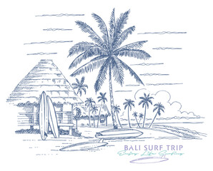 Vector stylized illustration of tropical landscape with hut and surfboards.