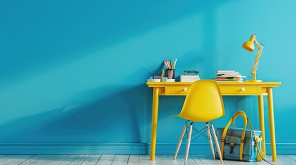 Modern blue wall interior style home and office. Back to school. Book, pencil, bag lamp on top. AI generated illustration