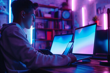 A young man sits at a desk, working on a laptop under the glow of neon lights. He is surrounded by other screens, suggesting a late night of work or gaming