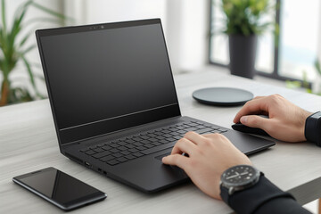 A person works on their laptop at a desk, using a mouse and trackpad. A cell phone rests nearby, hinting at the connected nature of modern work