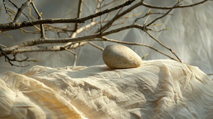 Obraz premium A Rock Resting on Fabric with a Branch in the Background, Lit by Soft Daylight