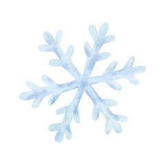 Blue snowflake isolated on white background. Frozen crystal, symbol of winter. Hand drawn watercolor illustration. For design, cards, invitations, congratulations, packaging, printing, advertising.