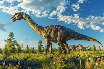 Dinosaurs in the Triassic Period: Ancient Habitat in Lush Grasslands under Blue Skies