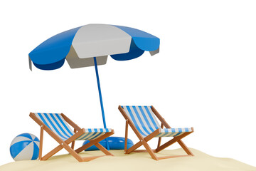 Vacation beach landscape with elements of beach chairs, sea, blue umbrella with balls, 3D illustration