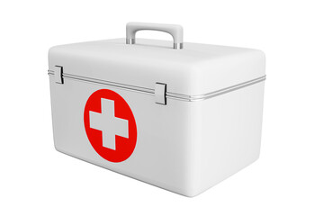First aid kit, white medicine box, emergency vehicle, ambulance medical assistance, care and rescue, 3D emergency accident concept showing cutting path icon.