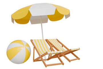 Vacation beach landscape with elements of beach chairs, sea, yellow umbrella with balls, 3D illustration