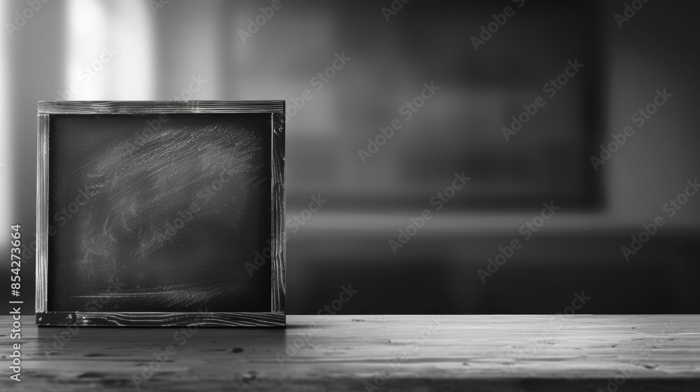 Poster an empty chalkboard with a wooden frame sits on a wooden table, set in a classroom environment with 