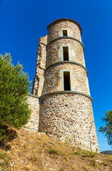 View of a medieval castle representing a historical fortress in the village of Grimaud, France