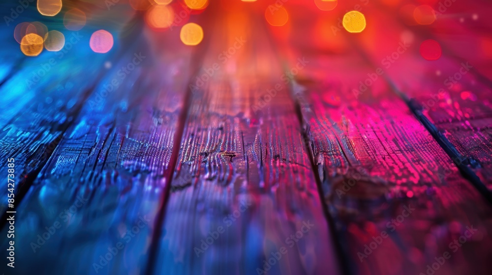 Poster weathered wooden planks in a variety of bright colors, illuminated by vibrant lighting, creating a d