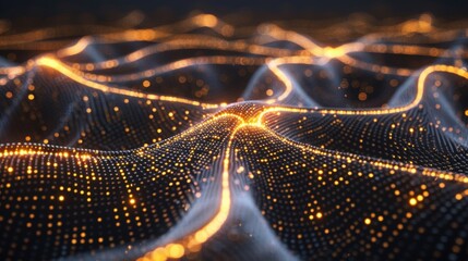 An abstract image of a flowing grid with glowing golden dots, creating a futuristic and dynamic light pattern.