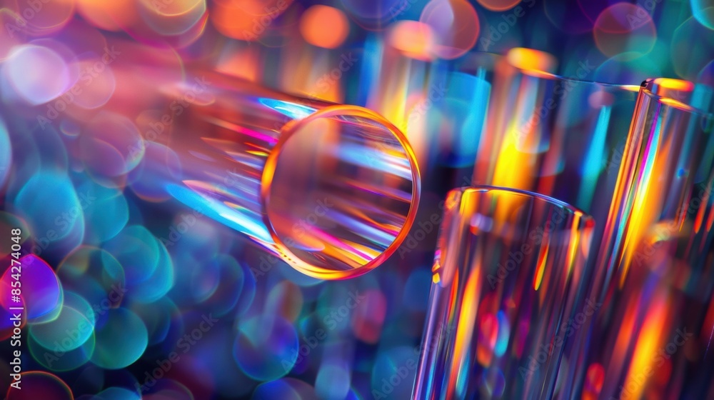 Aufkleber abstract image of colorful test tubes arranged with vibrant bokeh effects in the background, showcas