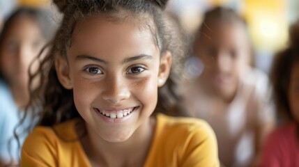 Obraz premium A cheerful young girl with a bright smile in a classroom setting, surrounded by friends, capturing a moment of joy and camaraderie.