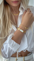 Close-up of a womans arm with a delicate gold bracelet featuring a white rectangular piece. Blonde hair cascades over her shoulder while she wears a white shirt