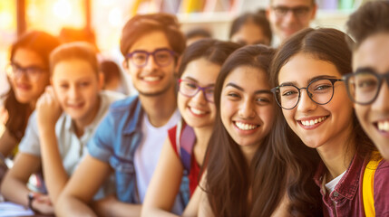Close-up of smiling young students, mostly female, in a classroom sitting at desks with books in front of them