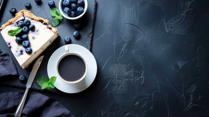Blueberry cheesecake coffee pen notebook on dark background top view with space for text