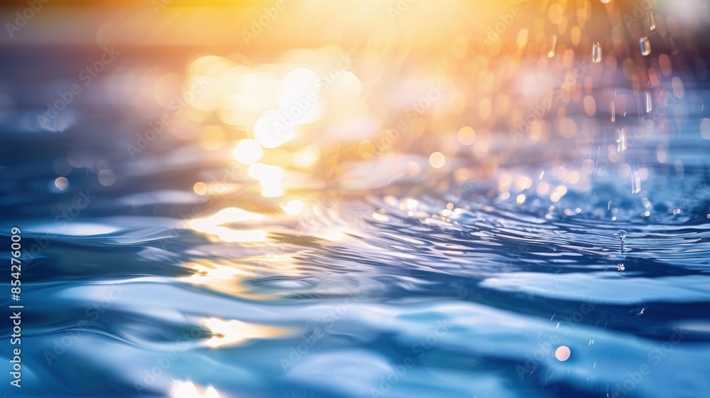 Poster close-up of water surface with ripples and sparkling sunlight reflections, creating a serene and cal