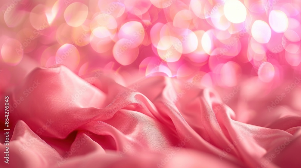 Poster close-up of soft pink silk fabric with a blurred bokeh background, creating a dreamy and elegant tex