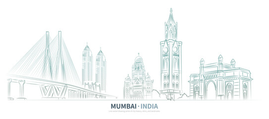 Mumbai cityscape line drawing vector. sketch style Mumbai, India landmark illustration 
