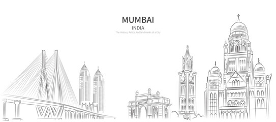 Mumbai cityscape line drawing vector. sketch style Mumbai, India landmark illustration 
