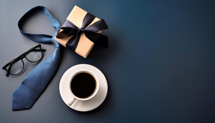 Stylish men’s gift set with coffee, glasses, and tie on blue background - perfect for Happy Fathers Day theme.