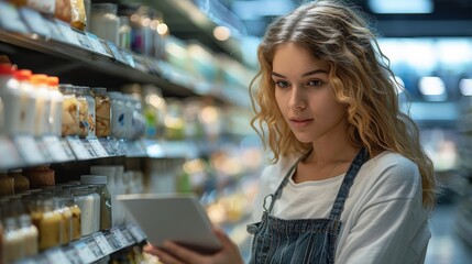 Focused young woman uses tablet to check list while shopping in a grocery store