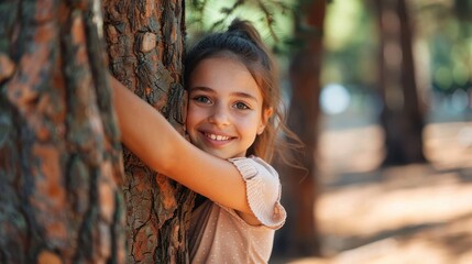 Cheerful young girl warmly embracing a tree in a sunlit forest, exuding happiness and nature love