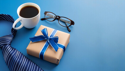 Stylish men’s gift set with coffee, glasses, and tie on blue background - perfect for Happy Fathers Day theme.