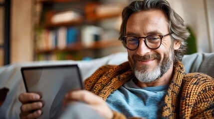 Smiling middle-aged man using a digital tablet cozy at home with a sweater and glasses
