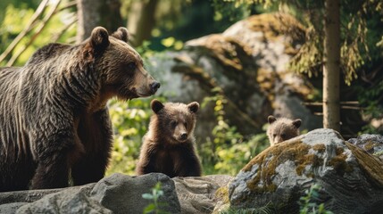 Obraz premium Brown bear with two cubs in nature wildlife banner