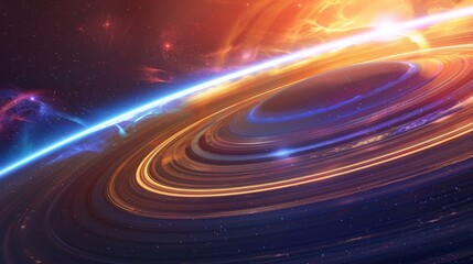 The colorful particles of a cosmic stream pass through the rings of a gas giant creating an otherworldly spectacle.