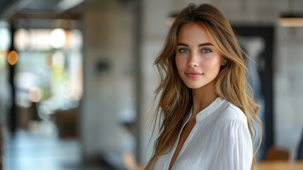 An elegant young woman standing confidently, her style and poise highlighting a bright and sophisticated office backdrop