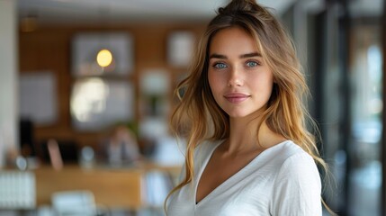 A close-up portrait of a young woman with deep blue eyes and flowing hair, positioned indoors with soft lighting