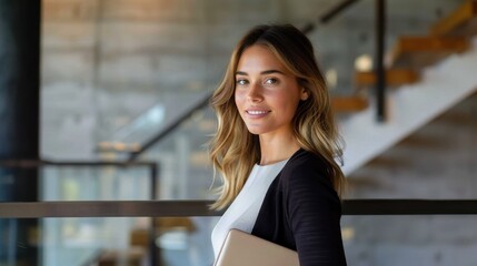A smiling young woman stands holding a folder in a stylish and contemporary office setting