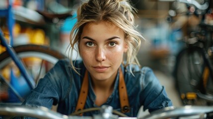 Fototapeta premium A young mechanic with an intense focus works diligently on fixing a bicycle within a busy repair shop environment