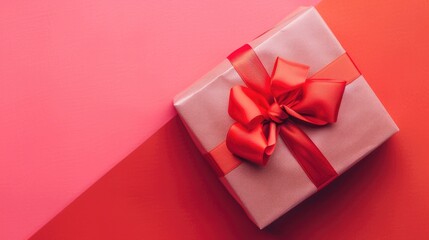 Bright and festive gift box with red bow on pink and red backdrop