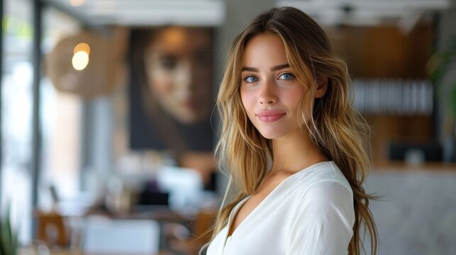A confident young woman gazing at the camera with a subtle smile, exuding a professional and welcoming vibe in an office