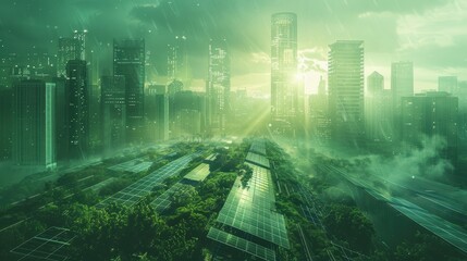 A futuristic green cityscape with skyscrapers, solar panels, and lush vegetation under a glowing sky depicting sustainability and innovation.