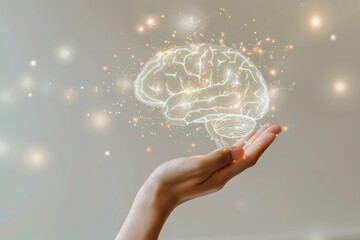 Hand holding a glowing artificial brain, symbolizing innovation, technology, and artificial intelligence. Perfect for tech and AI-related projects.