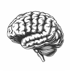 Hand-drawn illustration of a human brain in black and white, depicting intricate details of the brain's structure and anatomical features.