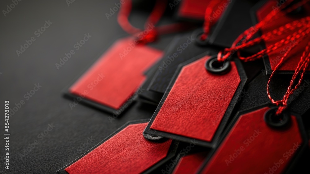 Poster multiple red sale tags with strings, neatly arranged on a black background, highlighting price label
