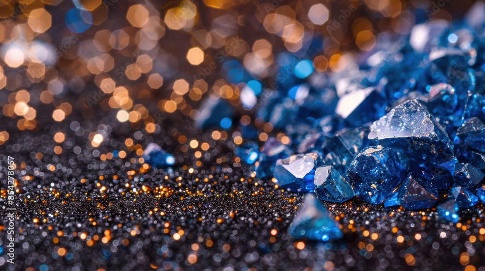 Poster macro shot of blue crystals scattered on a glittering surface, with a sparkling bokeh effect in the 