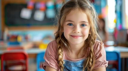 A cheerful young girl with braided pigtails and a bright smile, sitting in a lively classroom environment