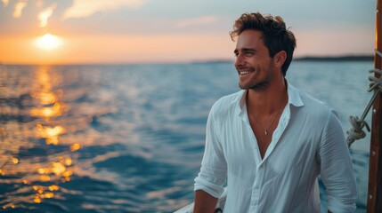 A handsome young man is enjoying a beautiful sunset on a yacht, displaying a carefree and joyful expression
