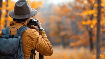 Capturing the quintessence of autumn, a person dons a fedora and shoots with a camera, back turned