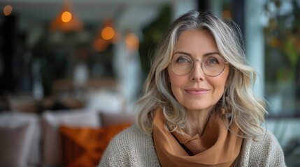 This image depicts a confident middle-aged woman in a stylish winter outfit inside an elegant establishment