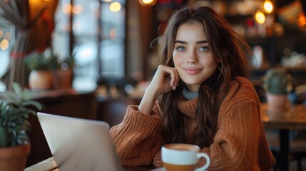 A charming woman radiates joy while working on her laptop at a cafe, coffee in hand