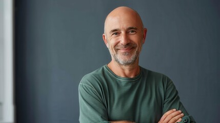 A middle-aged man with a heartwarming smile, posing in a green shirt against a soft background