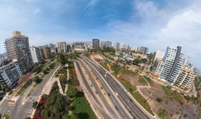Naklejka premium Aerial view of newly constructed residential buildings in Miraflores, Lima, Peru, showcasing modern urban development.